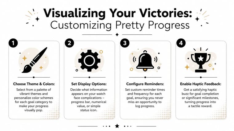 An infographic illustrating four steps to customize progress tracking features on an Apple Watch device.