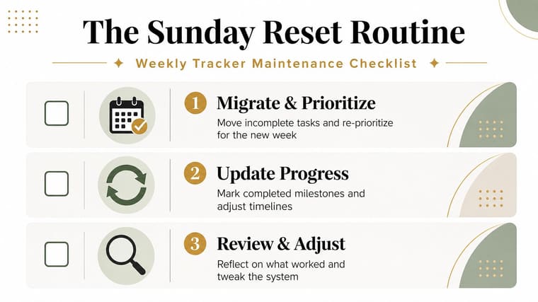 A checklist titled The Sunday Reset Routine featuring three steps for maintaining a weekly task tracker.
