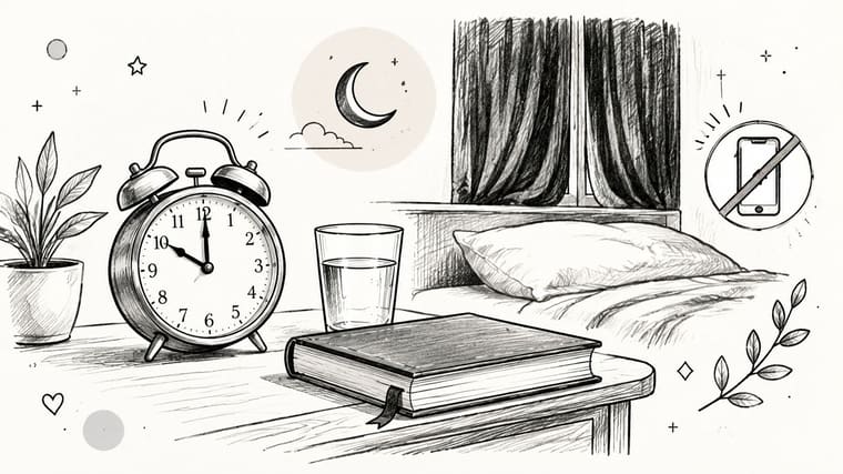 A bedside table with an alarm clock, a glass of water, and a book near a bed.