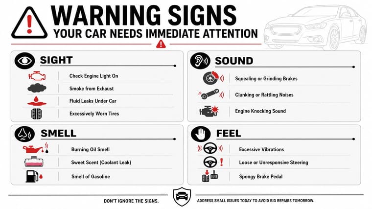 An infographic titled warning signs your car needs immediate attention categorized by sight, sound, smell, and feel.