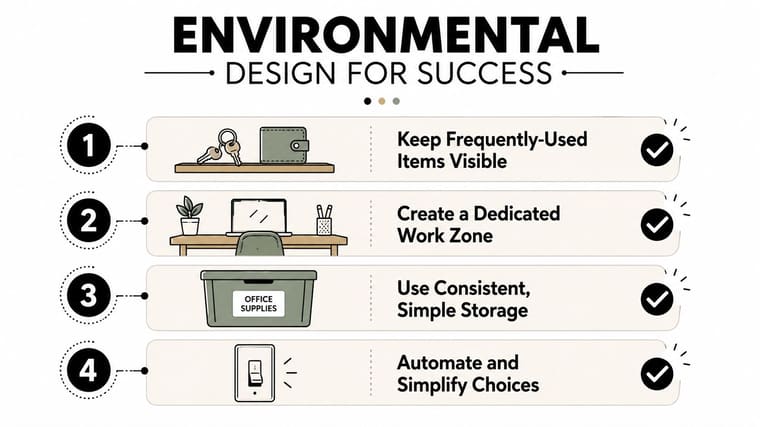 A four-step infographic illustrating environmental design strategies for success including productivity tips for an organized workspace.