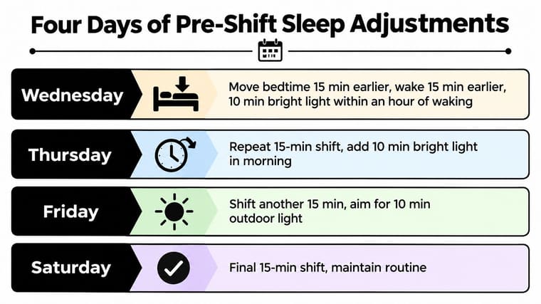 A schedule infographic showing four daily steps to adjust sleep routines for daylight saving time transitions.