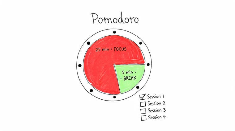 A hand-drawn diagram illustrating the Pomodoro technique with focus and break time segments and session checkboxes.