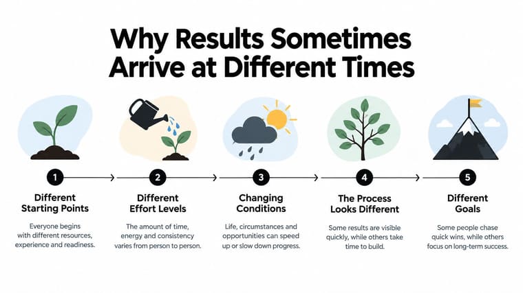 An infographic titled Why Results Sometimes Arrive at Different Times featuring five steps related to progress.