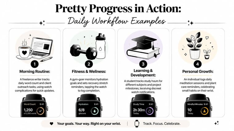 An infographic showing four examples of using Apple Watch apps to track daily productivity and fitness goals.