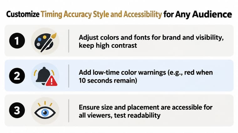 A graphic showing three tips to customize the style and accessibility of an animated countdown clock.
