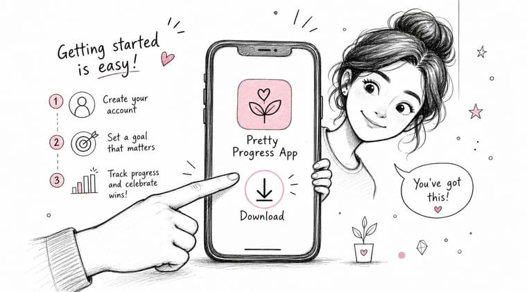 A hand points to a smartphone showing a girl promoting the Pretty Progress App download process.