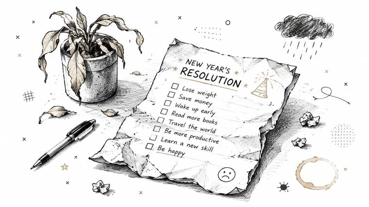 A crumpled New Year's resolution checklist on a desk with a dying plant and sad face drawing.