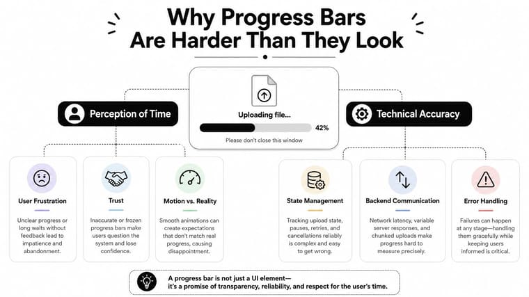 An infographic titled Why Progress Bars Are Harder Than They Look, detailing psychological and technical design challenges.
