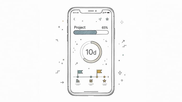 A hand-drawn illustration of a smartphone screen showing a project timeline interface with progress bars.