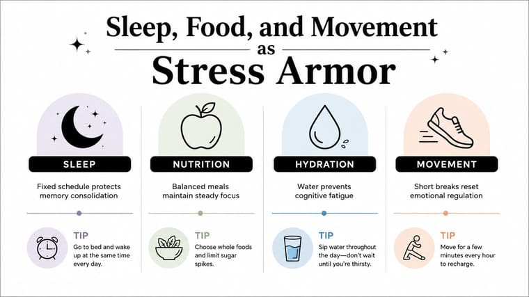 An infographic illustrating how sleep, nutrition, hydration, and movement can be used as tools to manage stress.