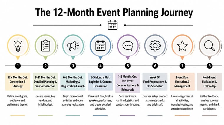 An infographic showing an eight-step timeline for event planning from conception to post-event evaluation.