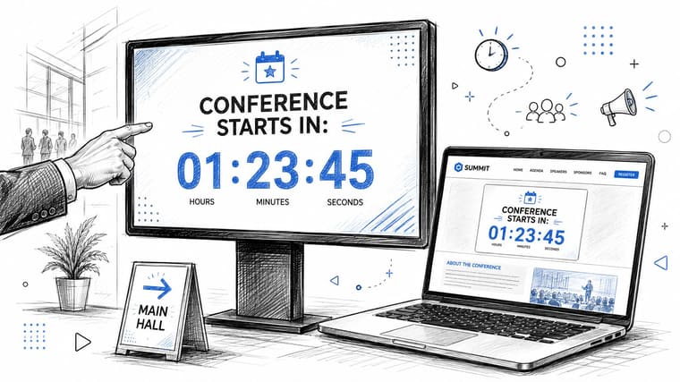A hand points at a computer monitor displaying a conference countdown timer alongside a laptop with event details.