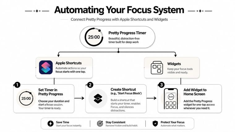 An infographic detailing how to automate a work break timer using Apple Shortcuts and home screen widgets.