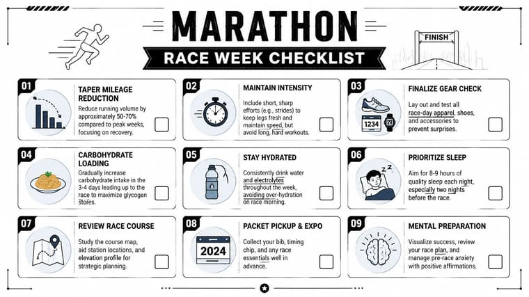 A marathon race week checklist infographic showing nine essential preparation steps for runners.