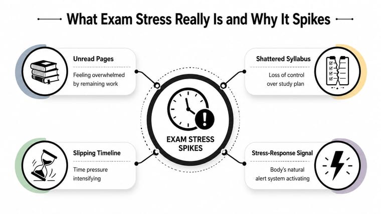 An infographic titled What Exam Stress Really Is and Why It Spikes, displaying four common causes.
