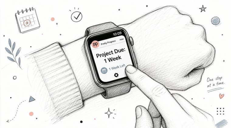 A pencil sketch of a hand interacting with a smartwatch displaying a one week project reminder notification.