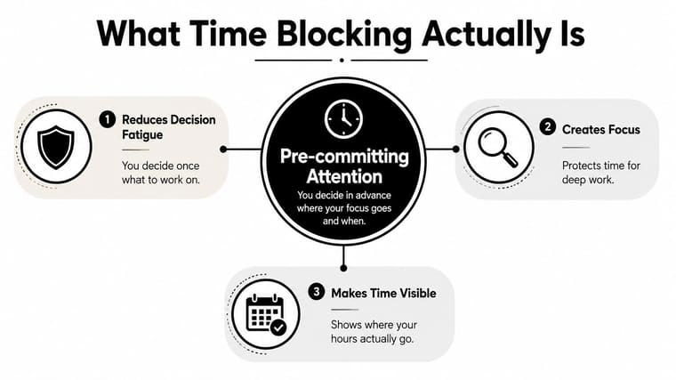 A diagram explaining that time blocking helps reduce decision fatigue, create focus, and make time visible.