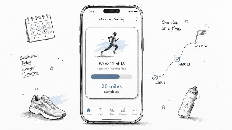 A digital drawing of a smartphone displaying a marathon training app with a progress tracking timeline.