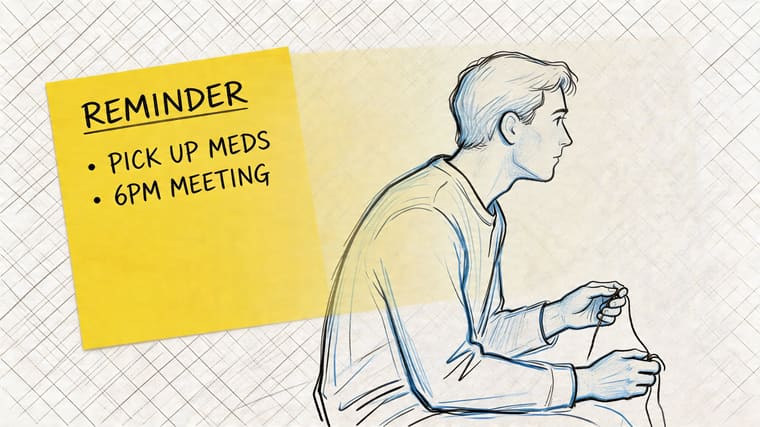 A yellow sticky note listing daily reminders next to an illustrated person performing a task.