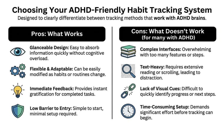 A comparison chart highlighting pros and cons of ADHD-friendly habit tracking systems for improved productivity.