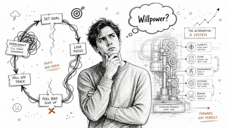 A conceptual illustration contrasting a cycle of goal-setting failure with a systematic approach to personal growth.
