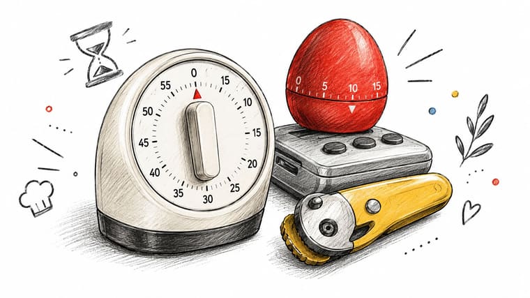 A hand-drawn illustration featuring a white kitchen timer, a red egg timer, and a yellow rotary cutter.