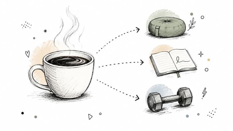 A hand-drawn illustration showing a cup of coffee connected to a meditation cushion, notebook, and dumbbell.