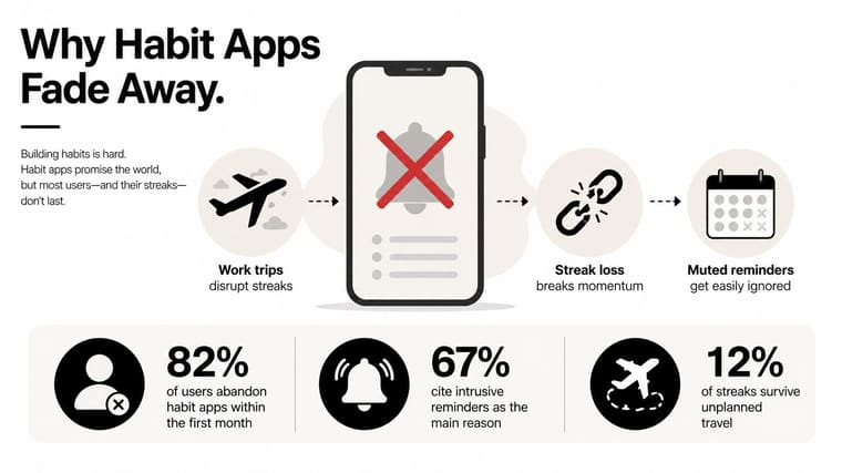 An infographic illustrating why habit building apps fail due to travel disruption, streak loss, and intrusive reminders.