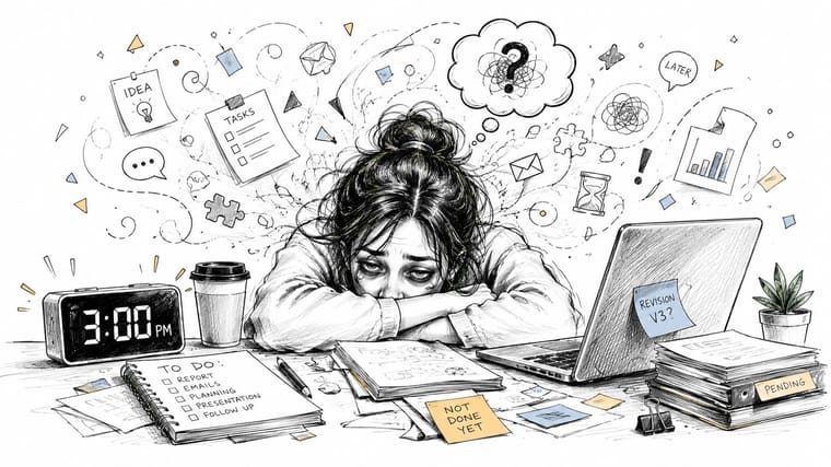 An exhausted woman resting her head on a desk with a laptop and scattered work papers.