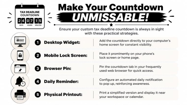 An infographic showing five practical ways to display a tax deadline countdown for better time management.