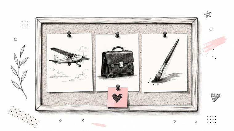 A bulletin board displaying three drawings of a plane, a briefcase, and a paintbrush with a heart note.