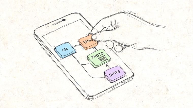 A hand interacting with colorful app widgets on a smartphone screen in a hand-drawn illustration style.