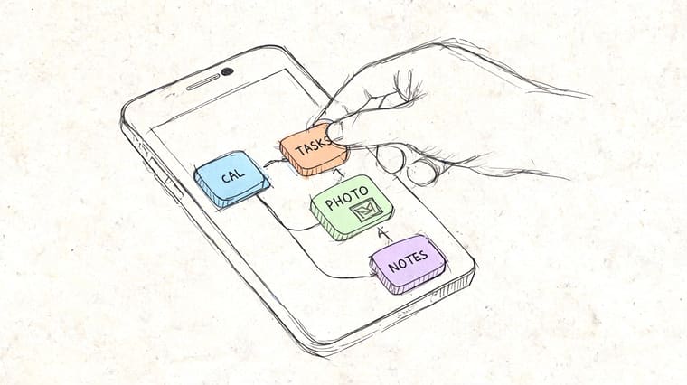 A hand interacting with colorful app widgets on a smartphone screen in a hand-drawn illustration style.