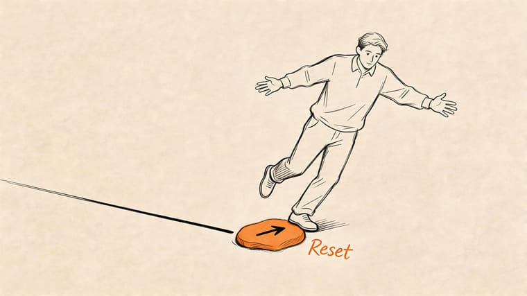 A line-art illustration of a person stepping onto an orange circular button labeled Reset.