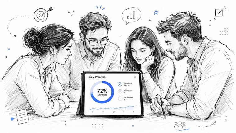 A professional team collaborating on a project progress report displayed on a tablet computer device.