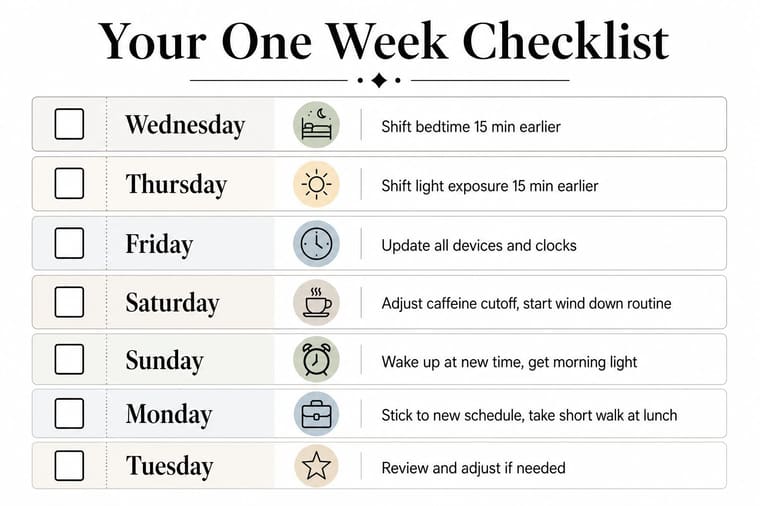 A checklist for daylight saving time adjustment showing daily tasks from Wednesday to Tuesday to help transition sleep schedules.