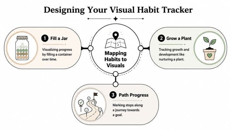 An infographic titled Designing Your Visual Habit Tracker showing three methods: a jar, plant, and path.