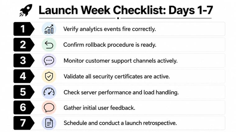 A seven-step checklist graphic for a software product launch week highlighting essential tasks to perform.