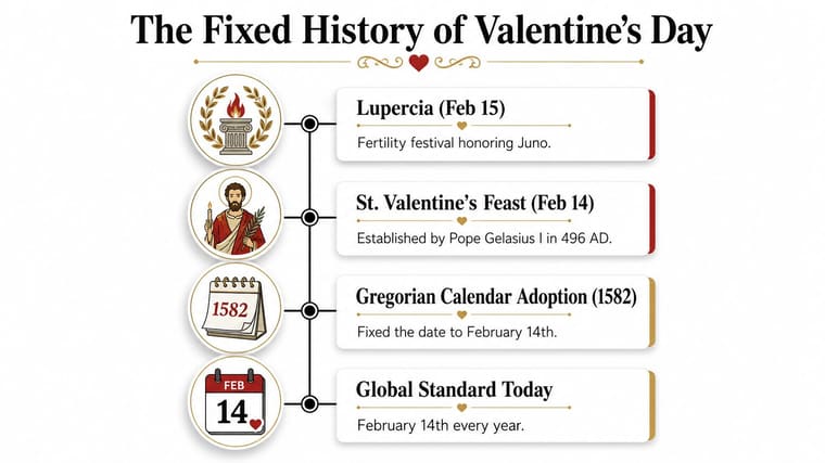 A timeline graphic illustrating the historical development and establishment of Valentine's Day on February 14th.