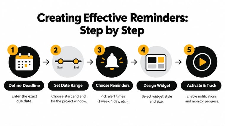 A five-step infographic showing how to create effective reminders for managing project deadlines and progress.