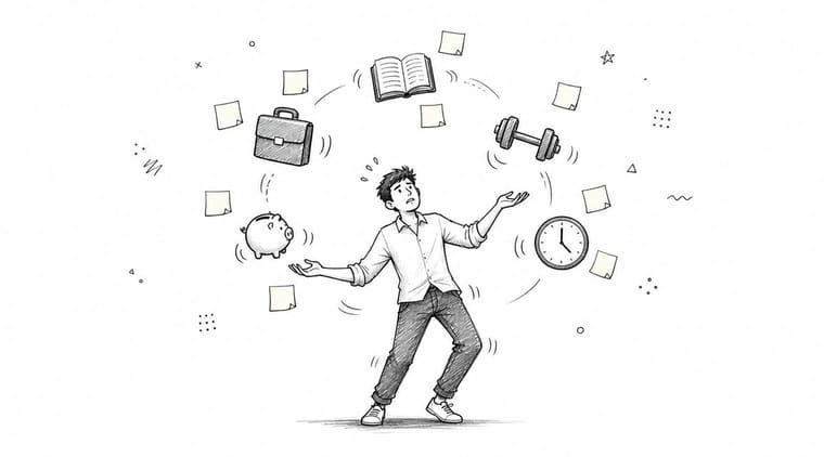A hand-drawn illustration of a stressed person juggling work, fitness, finances, and time management goals.