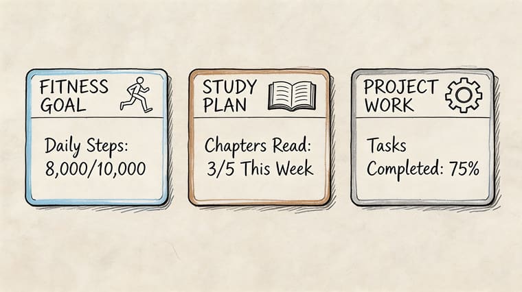 A hand-drawn illustration showing progress status for fitness goals, study plans, and project work tasks.