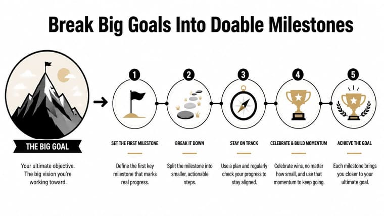 An infographic showing a five-step process to break big goals into smaller, manageable milestones for success.