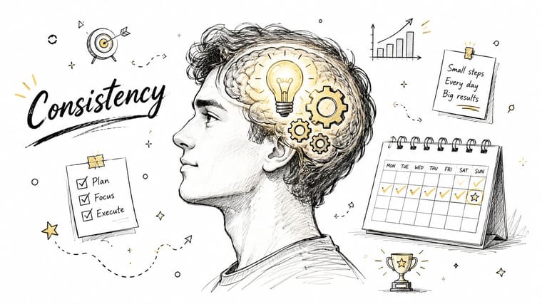 An artistic illustration depicting a person with a glowing lightbulb and gears representing consistency and goal setting.