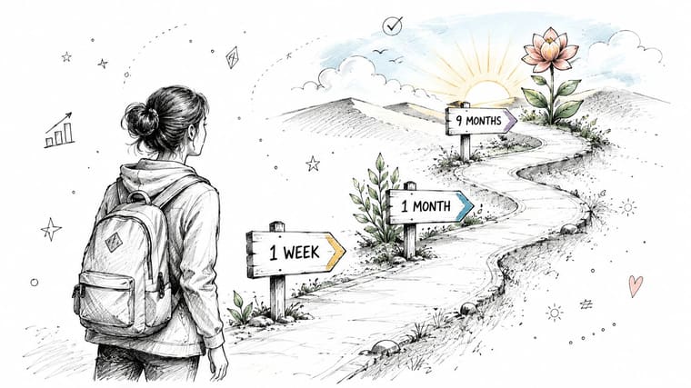 An illustrated woman with a backpack looking toward a road marked with timeline milestones leading to growth.
