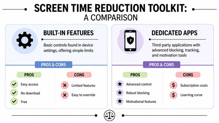 A comparison infographic between device built-in settings and third-party apps for reducing daily screen time.
