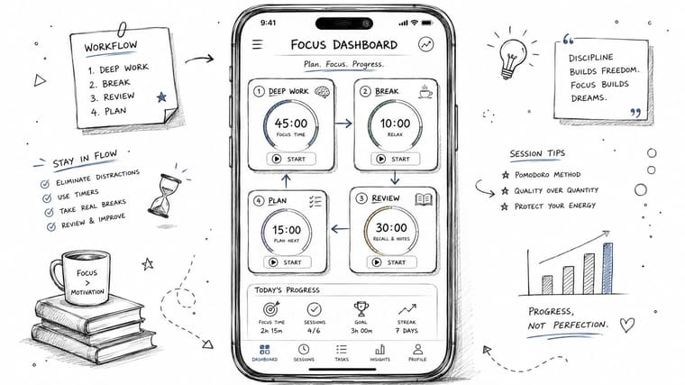 A hand-drawn focus dashboard mobile application interface showing productivity workflows, session timers, and progress tracking statistics.