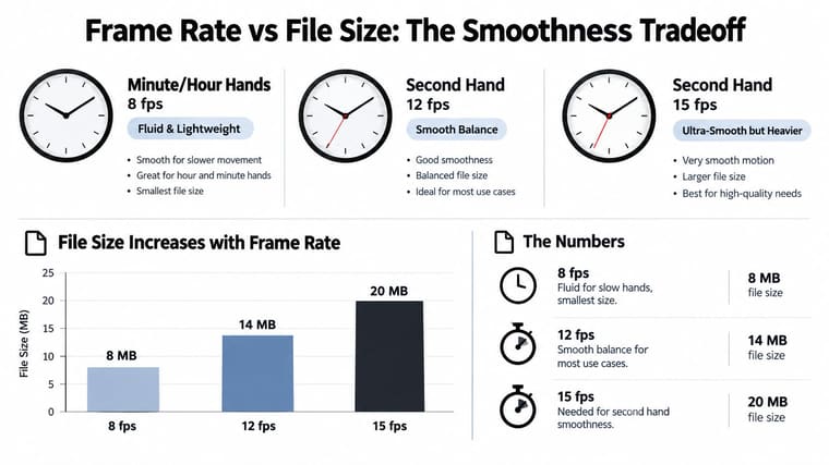 An infographic showing the trade-off between frame rates and file sizes for clock animation GIFs.