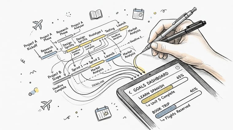 A hand drawing a complex project workflow diagram connected to a digital tablet displaying goals and progress.
